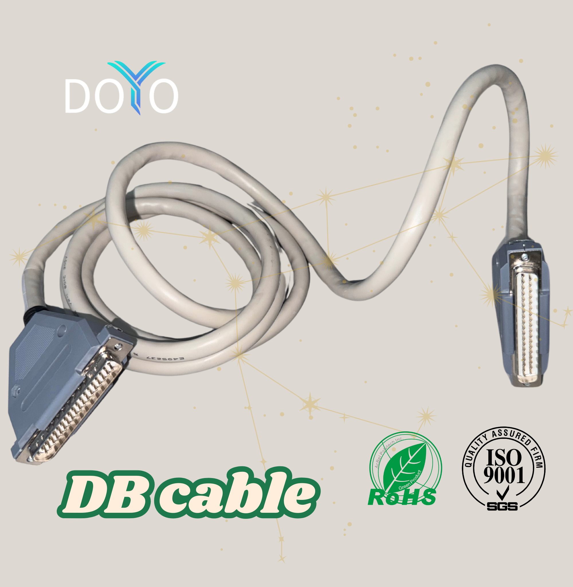 DOYO DB 連接線產品圖，兩端為 DB 接頭的工業訊號線，通過 RoHS 與 ISO9001 品質認證